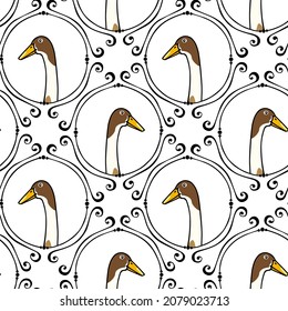 Vector seamless pattern with hand drawn portrait of a cute Indian Runner duck in elegant vintage frame. Ink drawing, beautiful farm products design elements. Perfect for prints and patterns svg