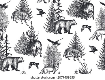 Vector seamless pattern with hand drawn animals, birds and trees. Forest scenes on white background. Monochrome endless illustration in sketch style.