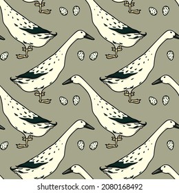 Vector seamless pattern with hand drawn cute Silver Indian Runner ducks with eggs. Ink drawing, beautiful farm products design elements. Perfect for prints and patterns svg