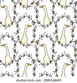 Vector seamless pattern with hand drawn portrait of a cute white Indian Runner duck in floral frame. Ink drawing, beautiful farm products design elements. Perfect for prints and patterns svg