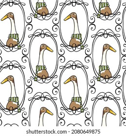 Vector seamless pattern with hand drawn portrait of a cute Indian Runner duck in elegant striped scarf in vintage frame. Perfect for prints and patterns svg