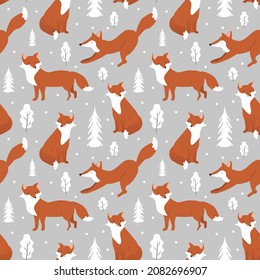 vector seamless pattern with hand drawn cute foxes in various poses  winter trees and snowfall. animal pattern in flat style.