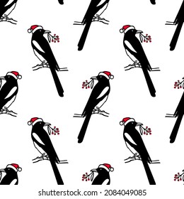 Vector seamless pattern with hand drawn cute Magpie in Santa hat sitting on a tree branch with red berry twig. Ink drawing, graphic style. Beautiful and New Year design elements