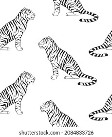 Vector seamless pattern of hand drawn doodle sketch tiger isolated on white background