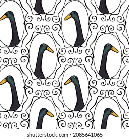 Vector seamless pattern with hand drawn portrait of a cute black Indian Runner duck in elegant vintage frame. Ink drawing, beautiful farm products design elements. Perfect for prints and patterns svg