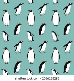 Vector seamless pattern of hand drawn doodle sketch penguin isolated on mint background