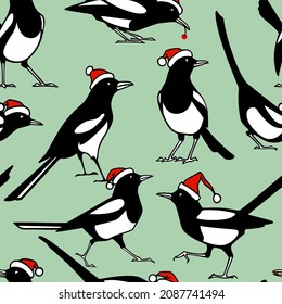 Vector seamless pattern with hand drawn flock of Magpies in Santa hats. Ink drawing, graphic style. Beautiful illustration, Christmas and New Year design elements. Perfect for prints and patterns