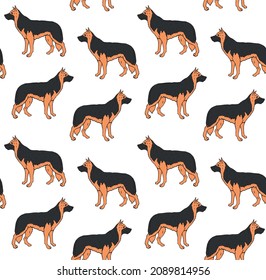 Vector seamless pattern of hand drawn doodle sketch colored shepherd dog isolated on white background