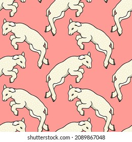 Vector seamless pattern with hand drawn cute young lamb jumping vividly. Ink drawing, graphic style. Beautiful Easter, nursery or farm products design elements.