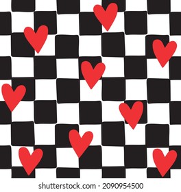 Vector seamless pattern of hand drawn sketch doodle chessboard checkered texture and hearts isolated on white background