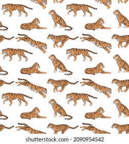 Vector seamless pattern of hand drawn doodle sketch colored tigers isolated on white background