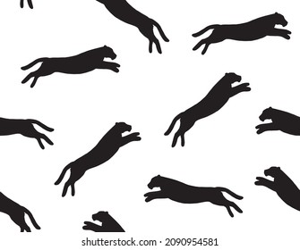 Vector seamless pattern of hand drawn jumping tiger silhouette isolated on white background