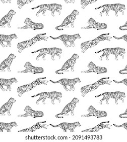 Vector seamless pattern of hand drawn doodle sketch tigers isolated on white background