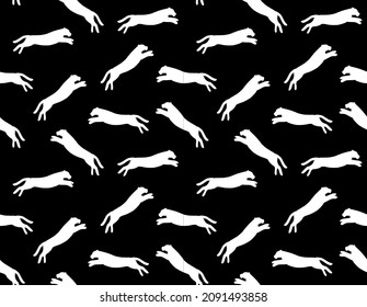 Vector seamless pattern of hand drawn jumping tiger silhouette isolated on black background