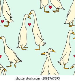 Vector seamless pattern with hand drawn cute white Indian Runner ducks in love. Ink drawing, beautiful Valentine's day design elements. Perfect for prints and patterns svg