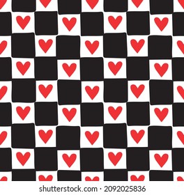Vector seamless pattern of hand drawn sketch doodle chessboard checkered texture and hearts isolated on white background