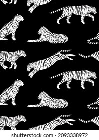 Vector seamless pattern of hand drawn doodle sketch tigers isolated on black background
