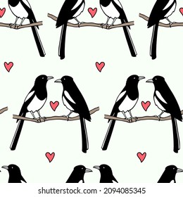 Vector seamless pattern with hand drawn cute Magpies couple in love sitting on a tree branch. Ink drawing, graphic style. Beautiful Valentine's day  design elements. Perfect for prints and patterns