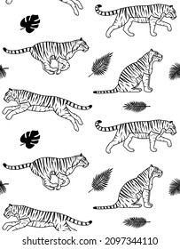 Vector seamless pattern of hand drawn flat tigers and palm leaves isolated on white background