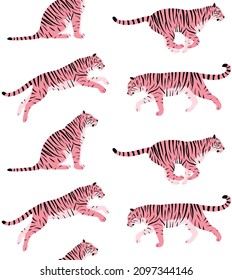 Vector seamless pattern of hand drawn flat pink tigers isolated on white background