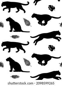 Vector seamless pattern of hand drawn flat tigers and palm leaves silhouette isolated on white background