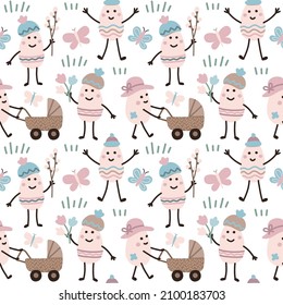 Vector seamless pattern. Hand drawn Easter symbols - funny Easter eggs. For designing Easter cards, packaging, digital paper. Cute vector Easter background