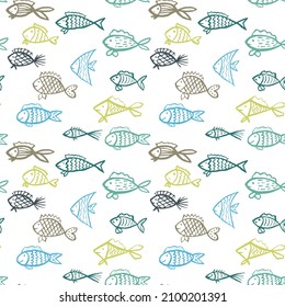 Vector  seamless pattern with hand drawn fishes. Blue fishes upon white background. Creative ornament for covers, backgrounds, textile and interior decoration