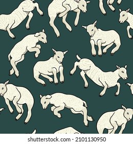 Vector seamless pattern with hand drawn cute young lamb jumping vividly. Ink drawing, graphic style. Beautiful Easter, nursery or farm products design elements.