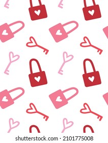 Vector seamless pattern of hand drawn different color keys and locks with hearts isolated on white background