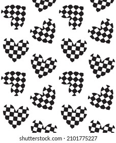 Vector seamless pattern of hand drawn hearts with chessboard checkered texture isolated on white background