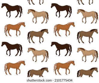 Vector seamless pattern of hand drawn doodle sketch horses isolated on white background