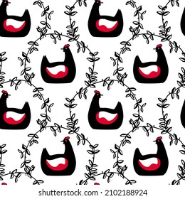 Vector seamless pattern with hand drawn cute black hen on its eggs in graceful floral wreath. Beautiful design elements, ink drawing. Perfect for prints and patterns