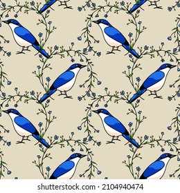 Vector seamless pattern with hand drawn sweet Blue Vanga in floral blooming wreath made with ink. Beautiful animal design elements, perfect for prints and patterns