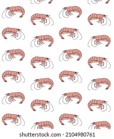 Vector seamless pattern of hand drawn doodle sketch colored shrimp isolated on white background