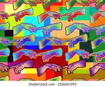 Vector seamless pattern of hand drawn hands reaching in colorful dot halftone pop art style on a square color overlapping background.