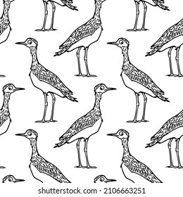 Vector seamless pattern with hand drawn cute Indian Thick knee made in cartoon style. Ink drawing, fast sketch. Beautiful animal design elements, perfect for prints and patterns