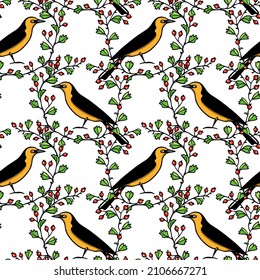 Vector seamless pattern with hand drawn sweet Saffron-cowled blackbird in graceful red berries wreath made with ink. Beautiful animal design elements, perfect for prints and patterns