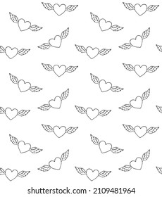 Vector seamless pattern of hand drawn doodle sketch heart with wings isolated on white background