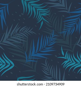 vector seamless pattern with hand drawn tropical ornament, palm leaves in dark green and blue tones. jungle pattern. trend flat pattern for printing on fabric. clothes, wrapping paper