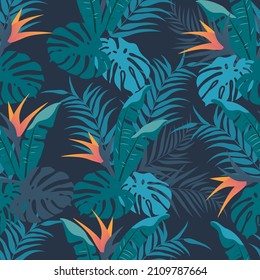 vector seamless pattern with hand drawn tropical ornament, palm leaves and flowers in dark green tones. jungle pattern. trend flat pattern for printing on fabric. clothes, wrapping paper