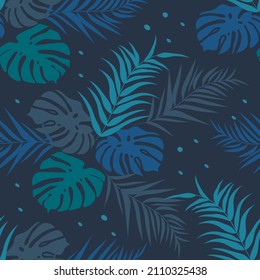 vector seamless pattern with hand drawn tropical ornament, palm leaves and monstera leaves in green tones. jungle pattern. trend flat pattern for printing on fabric. clothes, wrapping paper