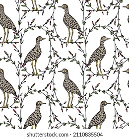 Vector seamless pattern with hand drawn cute Indian Thick knee in floral wreath made in cartoon style. Ink drawing, fast sketch. Beautiful animal design elements, perfect for prints and patterns