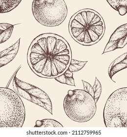 Vector seamless pattern with hand drawn vintage lemons. Imitation of an old drawing on craft paper. Etching. Element for organic food packaging design or menu. Whole fruits with leaves and slices.