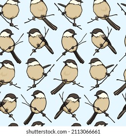 Vector seamless pattern with hand drawn Willow Tits sitting on tree branches. Ink drawing, beautiful animal design elements. Perfect for prints and patterns