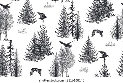 Vector seamless pattern with hand drawn crow birds and trees. Forest scenes on white background. Monochrome endless illustration in sketch style