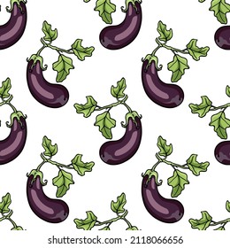 Vector seamless pattern with hand drawn eggplant plants with green leaves. Ink drawing, beautiful vegetarian design elements. Perfect for prints and patterns