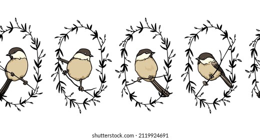 Vector seamless pattern with hand drawn Willow Tit sitting on tree branch in black floral wreath. Ink drawing, beautiful animal design elements. Perfect for prints and patterns