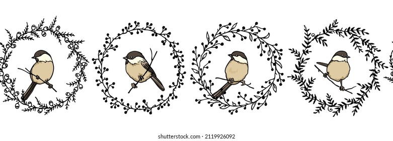Vector seamless pattern with hand drawn Willow Tit sitting on tree branch in black floral wreath. Ink drawing, beautiful animal design elements. Perfect for prints and patterns