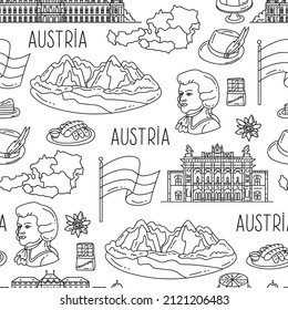 Vector seamless pattern with hand drawn national symbols of Austria on white color. Background for use in design