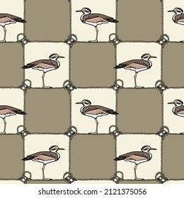 Vector seamless pattern with hand drawn cute Great Thick knee in nautical rope frame made in cartoon style. Ink drawing, beautiful animal design elements. Perfect for prints and patterns